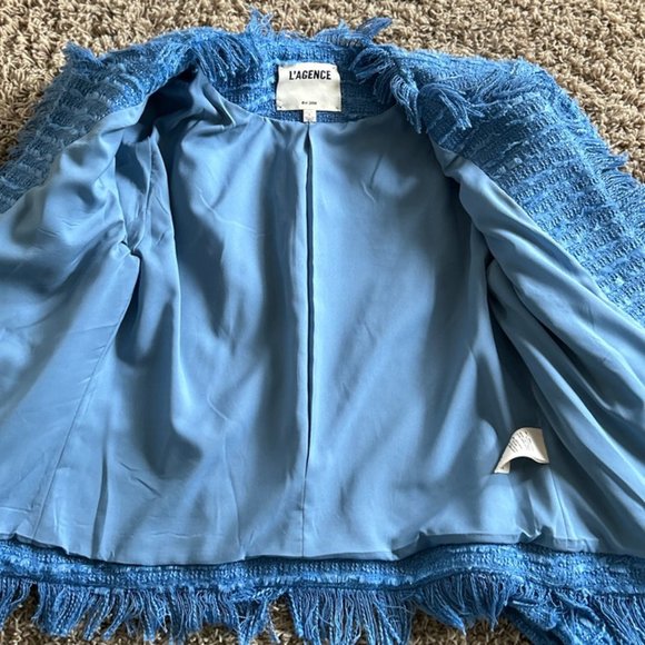 L'Agence Angelina Tweed Fringe Blazer in Riviera Blue in Size 8 Strong Shoulders - Picture 13 of 13